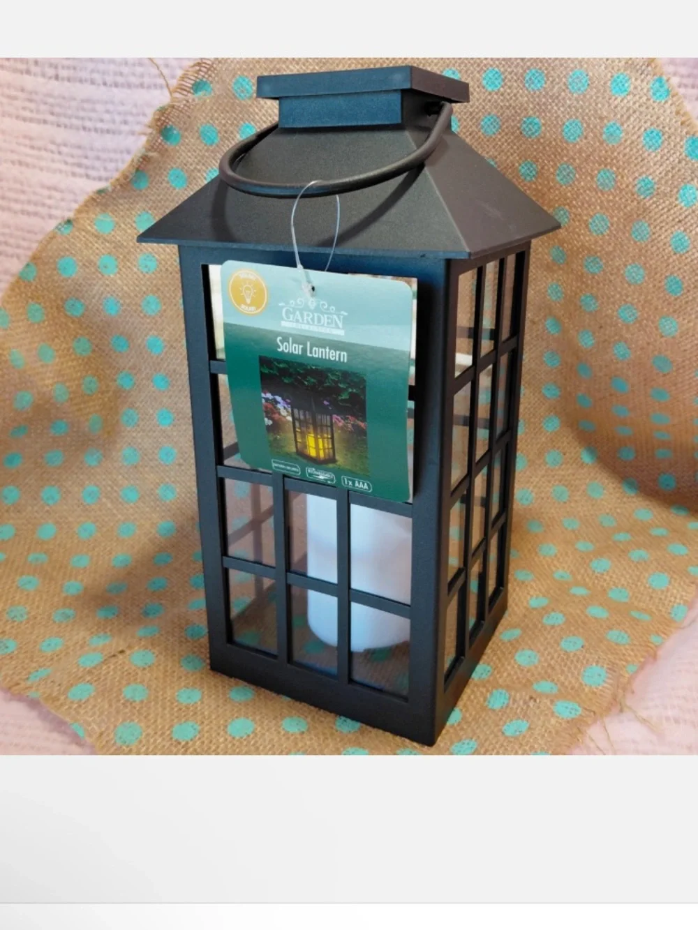 Black Grid-Frame Solar Lantern with Faux Candle Accent